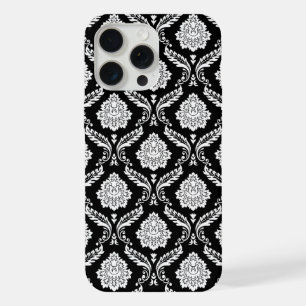 Coque iPhone 15 Pro Max Motif Damassé Rococo Blanc sur Fond Noir