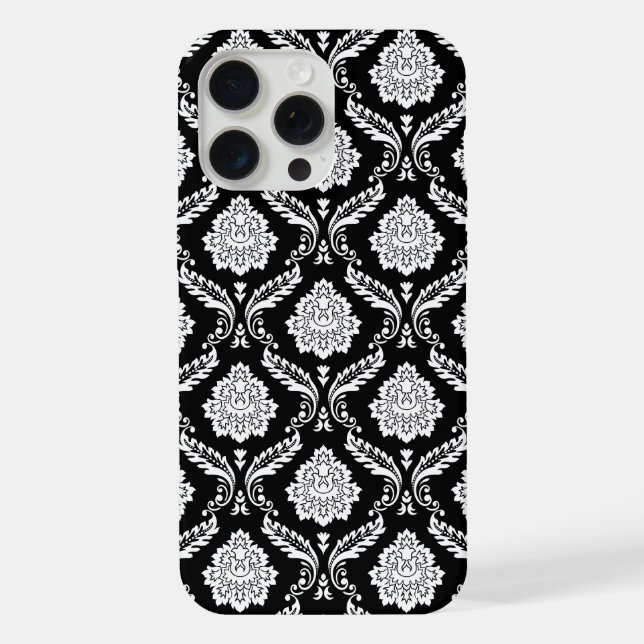Coque iPhone Motif Damassé Rococo Blanc sur Fond Noir  (Verso)
