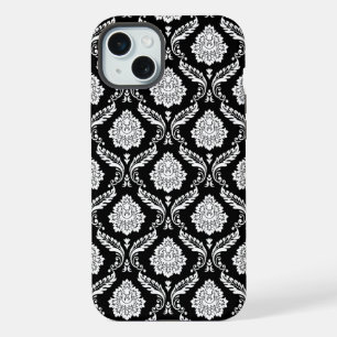 Coque iPhone 15 Plus Motif Damassé Rococo Blanc sur Noir