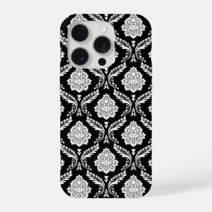 Coque iPhone 15 Pro Motif Damassé Rococo Blanc sur Noir