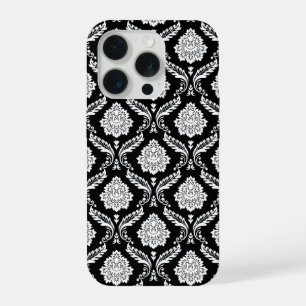 Coque iPhone 15 Pro Motif Damassé Rococo Blanc sur Noir