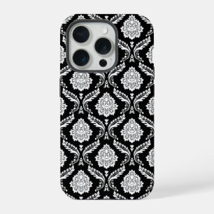 Coque iPhone 15 Pro Motif Damassé Rococo Blanc sur Noir