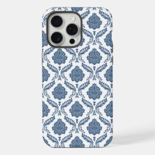 Coque iPhone 15 Pro Max Motif Damassé Rococo Bleu sur Blanc