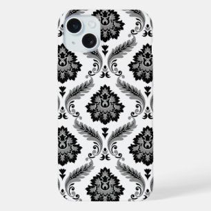 Coque iPhone 15 Plus Motif Damassé Rococo Gris Noir Blanc