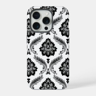 Coque iPhone 15 Pro Motif Damassé Rococo Gris Noir Blanc