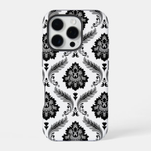 Coque iPhone 16 Pro Motif Damassé Rococo Gris Noir Blanc