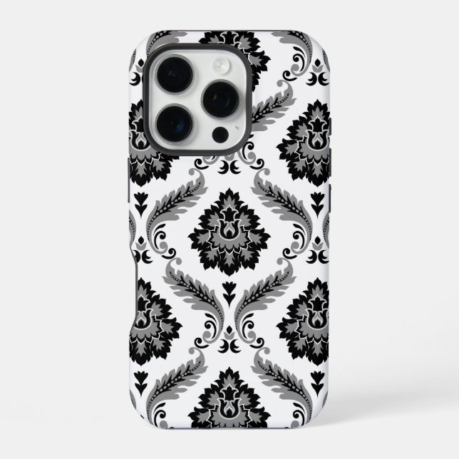 Coque iPhone Motif Damassé Rococo Gris Noir Blanc (Verso)