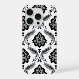 Coque iPhone 15 Pro Motif Damassé Rococo Gris Noir Blanc