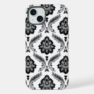 Coque iPhone 15 Plus Motif Damassé Rococo Gris Noir Blanc