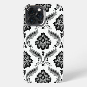 Etui iPhone 13 Pro Max Motif Damassé Rococo Gris Noir Blanc