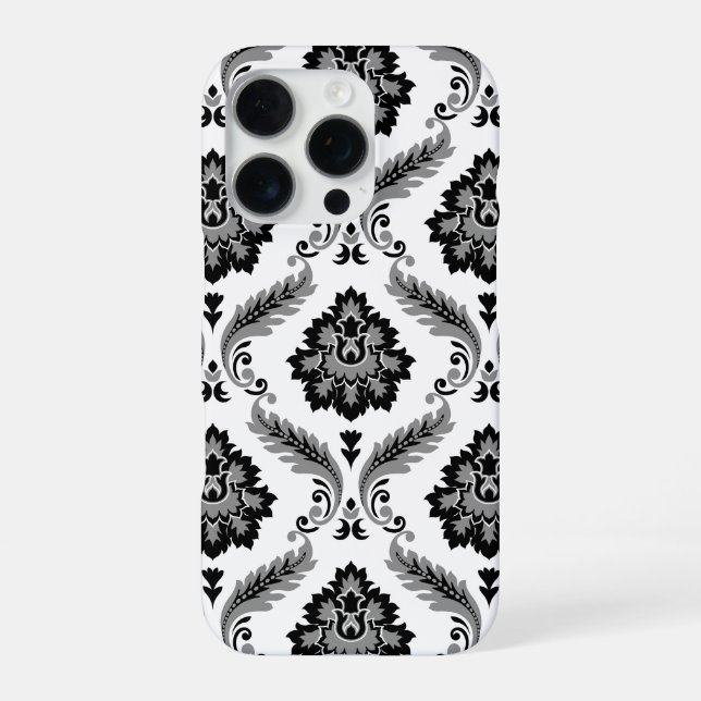 Coque iPhone Motif Damassé Rococo Gris Noir Blanc (Verso)