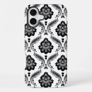 Coque iPhone 16 Plus Motif Damassé Rococo Gris Noir Blanc
