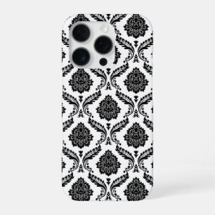 Coque iPhone 16 Pro Motif Damassé Rococo Noir sur Blanc