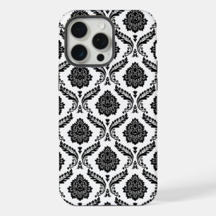 Coque iPhone 15 Pro Max Motif Damassé Rococo Noir sur Blanc