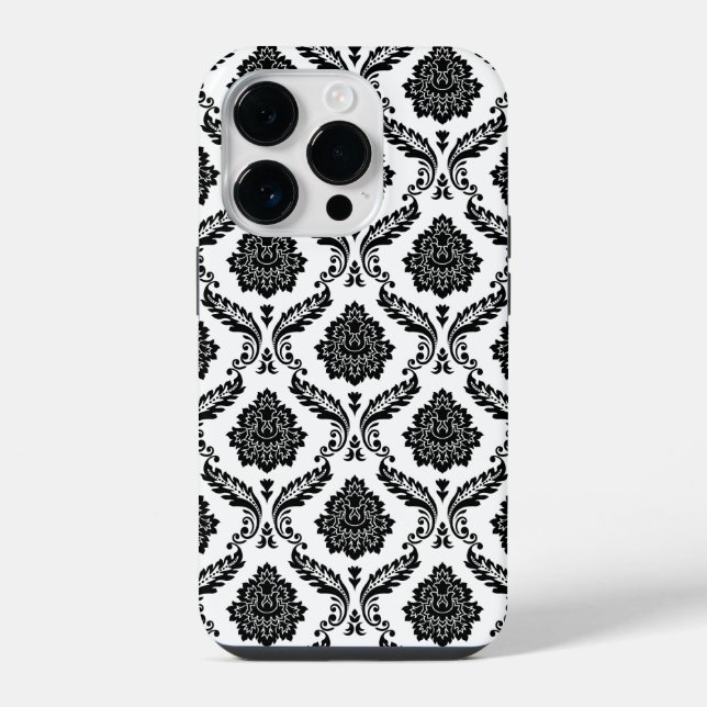 Coque iPhone Motif Damassé Rococo Noir sur Blanc (Verso)