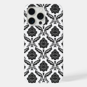 Coque iPhone 15 Pro Max Motif Damassé Rococo Noir sur Blanc