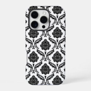 Coque iPhone 16 Pro Motif Damassé Rococo Noir sur Blanc