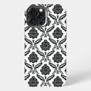 Etui iPhone 13 Pro Max Motif Damassé Rococo Noir sur Blanc