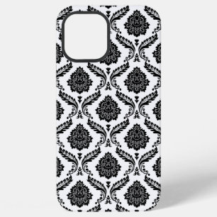 Coque iPhone 12 Pro Max Motif Damassé Rococo Noir sur Blanc