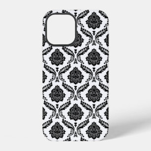 Coque iPhone 12 Motif Damassé Rococo Noir sur Blanc