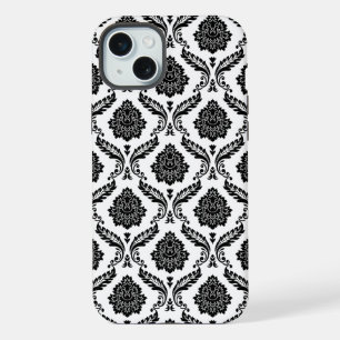 Coque iPhone 15 Plus Motif Damassé Rococo Noir sur Blanc