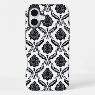 Coque iPhone 16 Plus Motif Damassé Rococo Noir sur Blanc