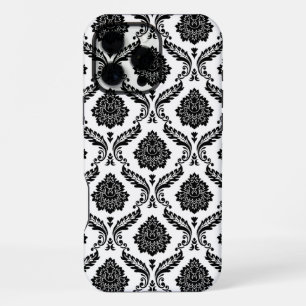 Coque iPhone 16 Pro Max Motif Damassé Rococo Noir sur Blanc