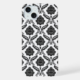 Coque iPhone 15 Plus Motif Damassé Rococo Noir sur Blanc