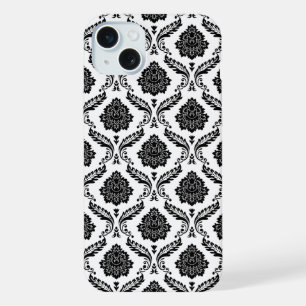Coque iPhone 15 Plus Motif Damassé Rococo Noir sur Fond Blanc