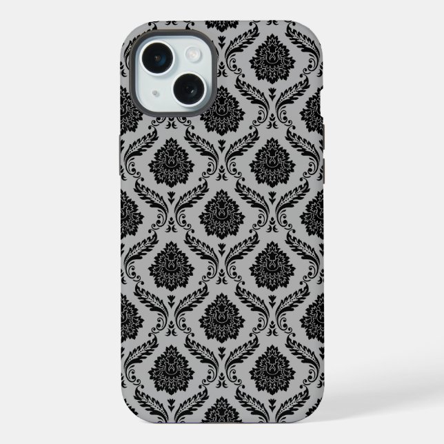 Coque iPhone Motif Damassé Rococo Noir sur Gris (Verso)