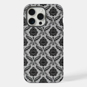 Coque iPhone 15 Pro Max Motif Damassé Rococo Noir sur Gris