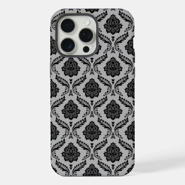 Coque iPhone Motif Damassé Rococo Noir sur Gris (Verso)