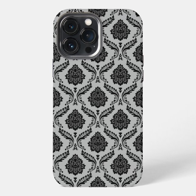 Coque iPhone Motif Damassé Rococo Noir sur Gris (Verso)