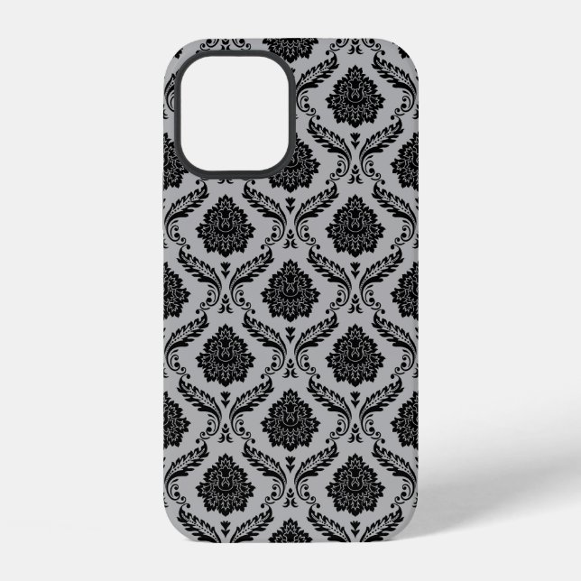 Coque iPhone Motif Damassé Rococo Noir sur Gris (Verso)