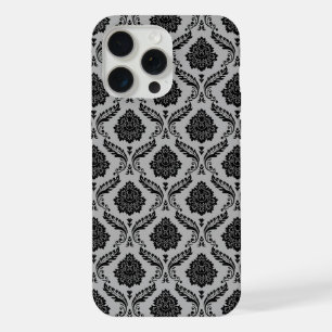 Coque iPhone 15 Pro Max Motif Damassé Rococo Noir sur Gris