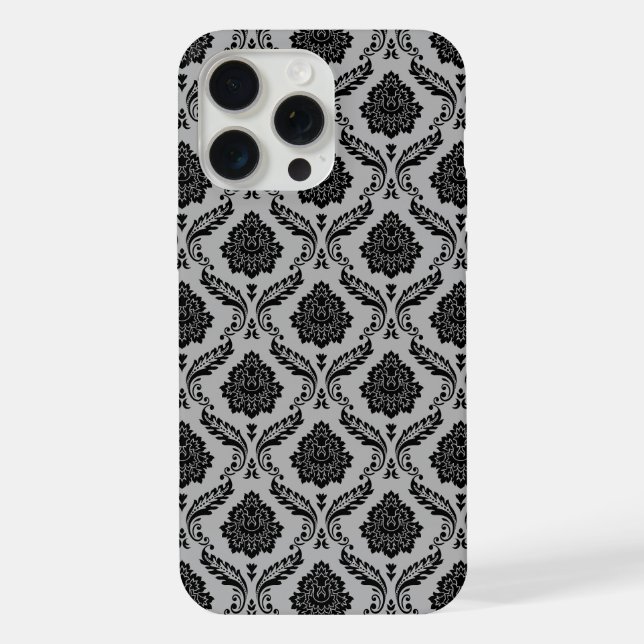 Coque iPhone Motif Damassé Rococo Noir sur Gris (Verso)