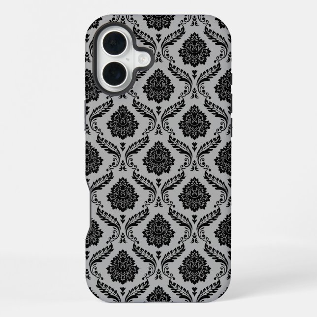 Coque iPhone Motif Damassé Rococo Noir sur Gris (Verso)