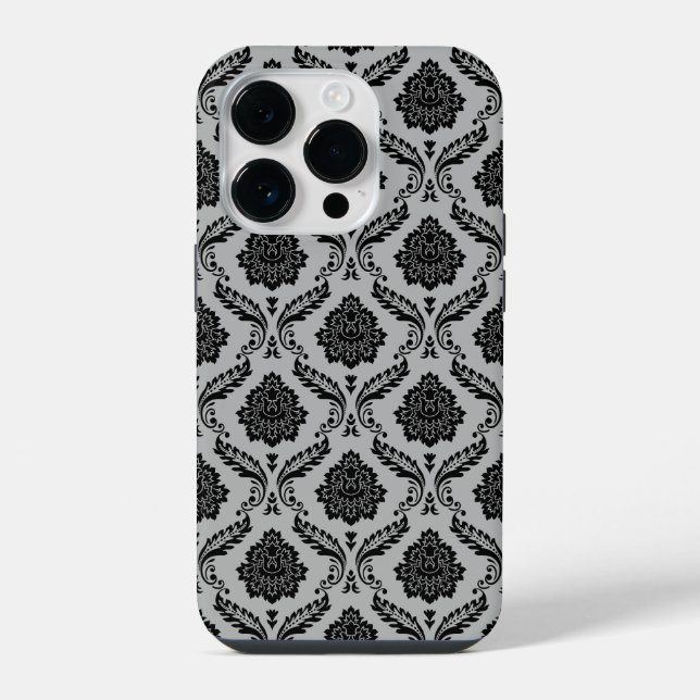 Coque iPhone Motif Damassé Rococo Noir sur Gris (Verso)