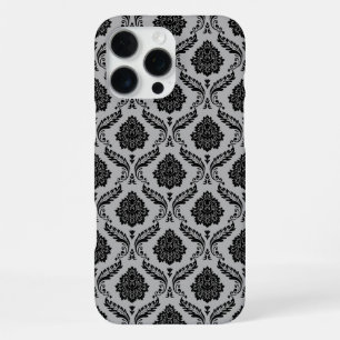 Coque iPhone 16 Pro Max Motif Damassé Rococo Noir sur Gris