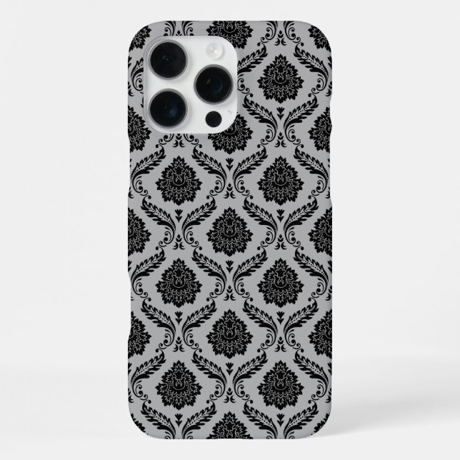 Coque iPhone Motif Damassé Rococo Noir sur Gris (Verso)