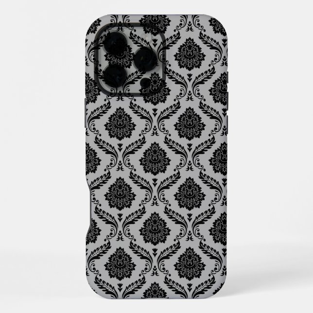 Coque iPhone Motif Damassé Rococo Noir sur Gris (Verso)