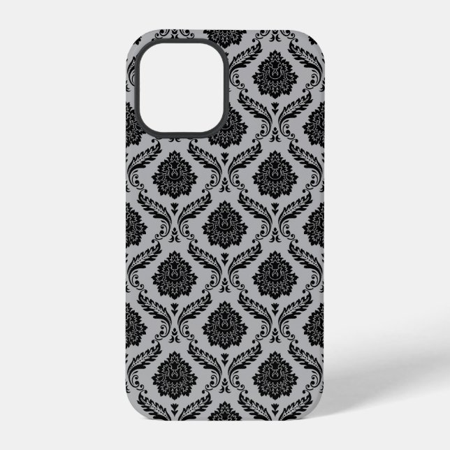 Coque iPhone Motif Damassé Rococo Noir sur Gris (Verso)