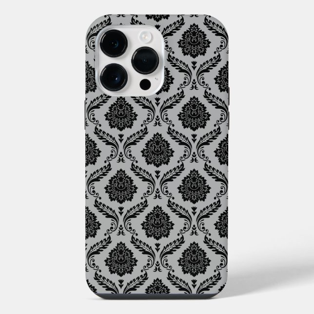 Coque iPhone Motif Damassé Rococo Noir sur Gris (Verso)