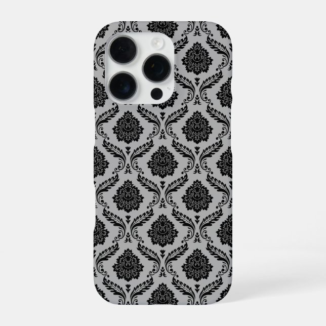 Coque iPhone Motif Damassé Rococo Noir sur Gris (Verso)