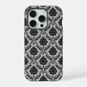 Coque iPhone 15 Pro Motif Damassé Rococo Noir sur Gris