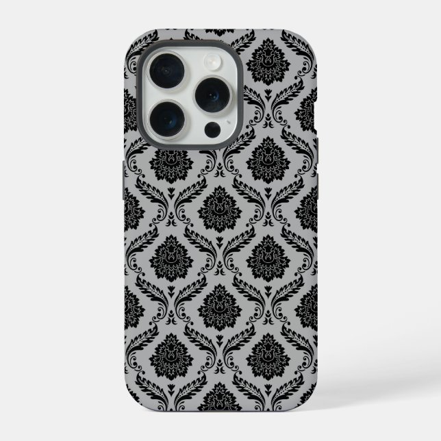 Coque iPhone Motif Damassé Rococo Noir sur Gris (Verso)