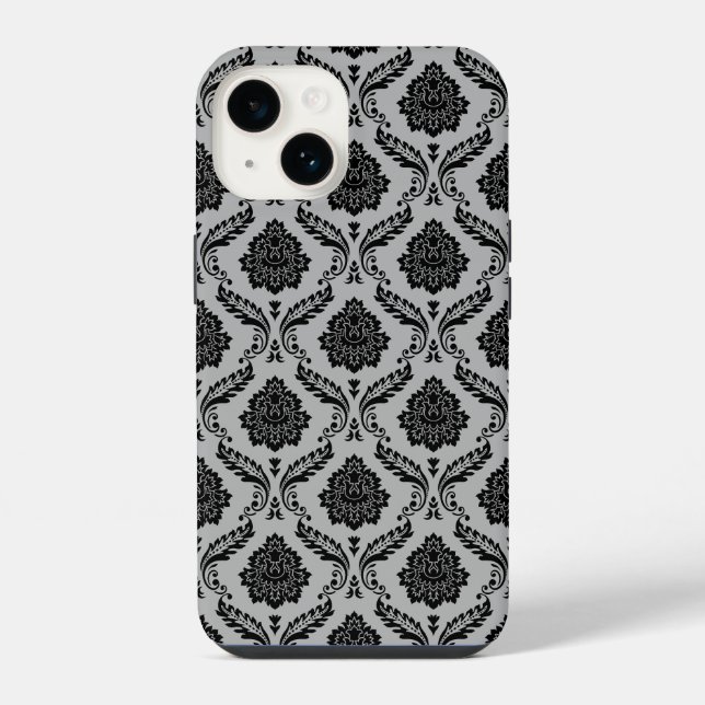 Coque iPhone Motif Damassé Rococo Noir sur Gris (Verso)