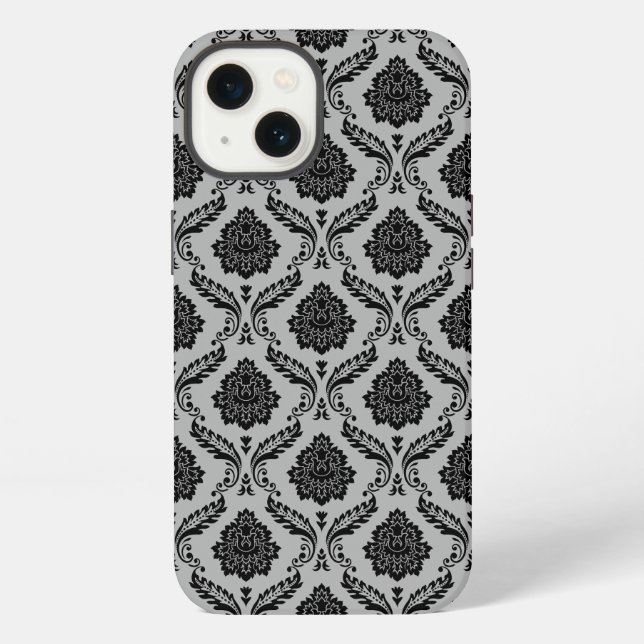 Coque iPhone Motif Damassé Rococo Noir sur Gris (Verso)