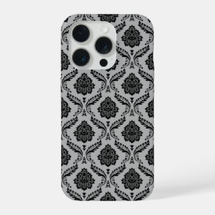 Coque iPhone 15 Pro Motif Damassé Rococo Noir sur Gris