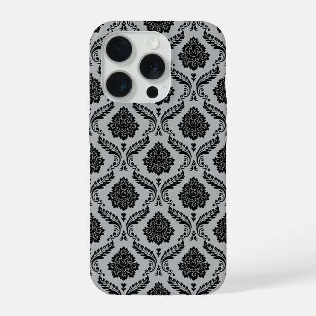 Coque iPhone Motif Damassé Rococo Noir sur Gris (Verso)
